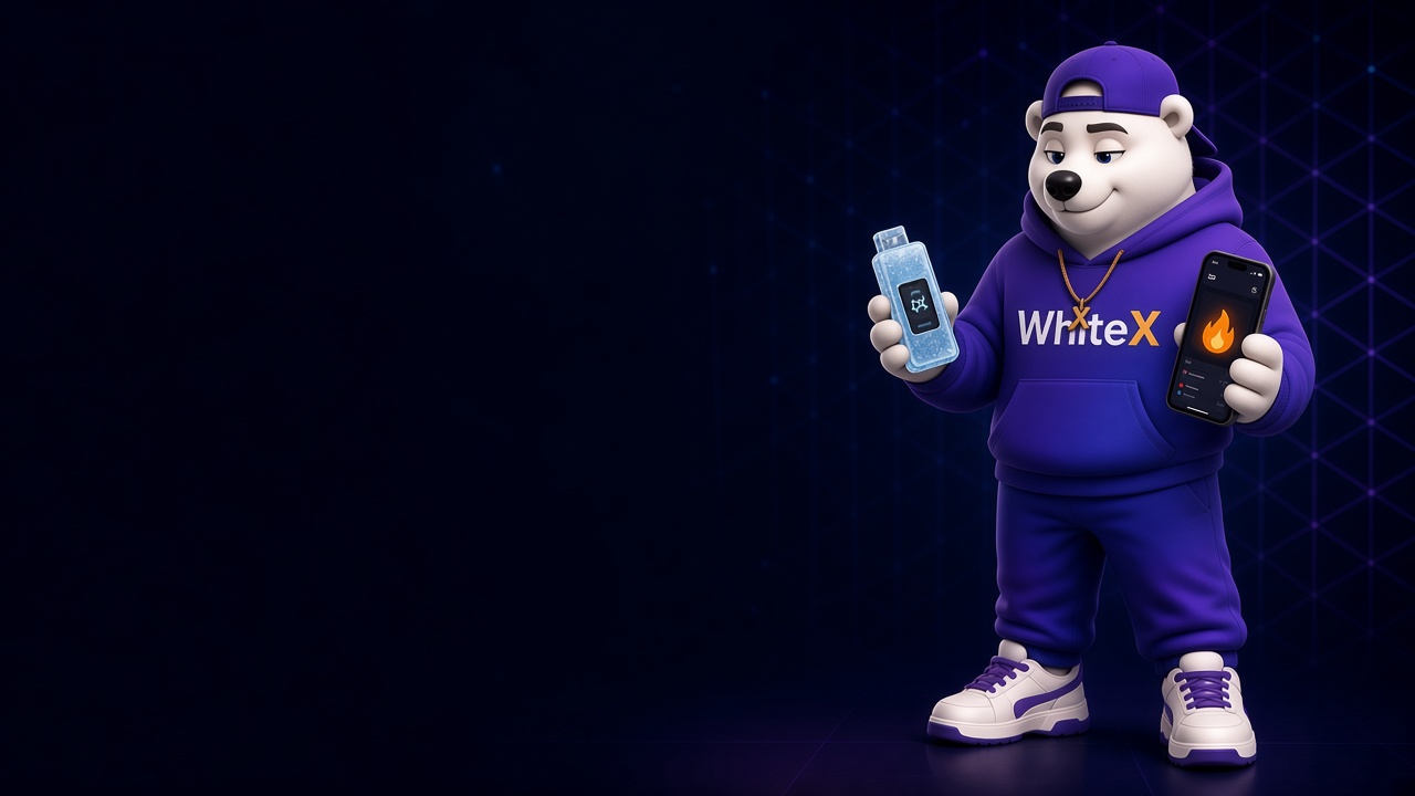 Белый медведь Икс в фиолетовом худи WhiteX держит в одной лапе аппаратный холодный кошелёк, в другой — смартфон с горячим кошельком