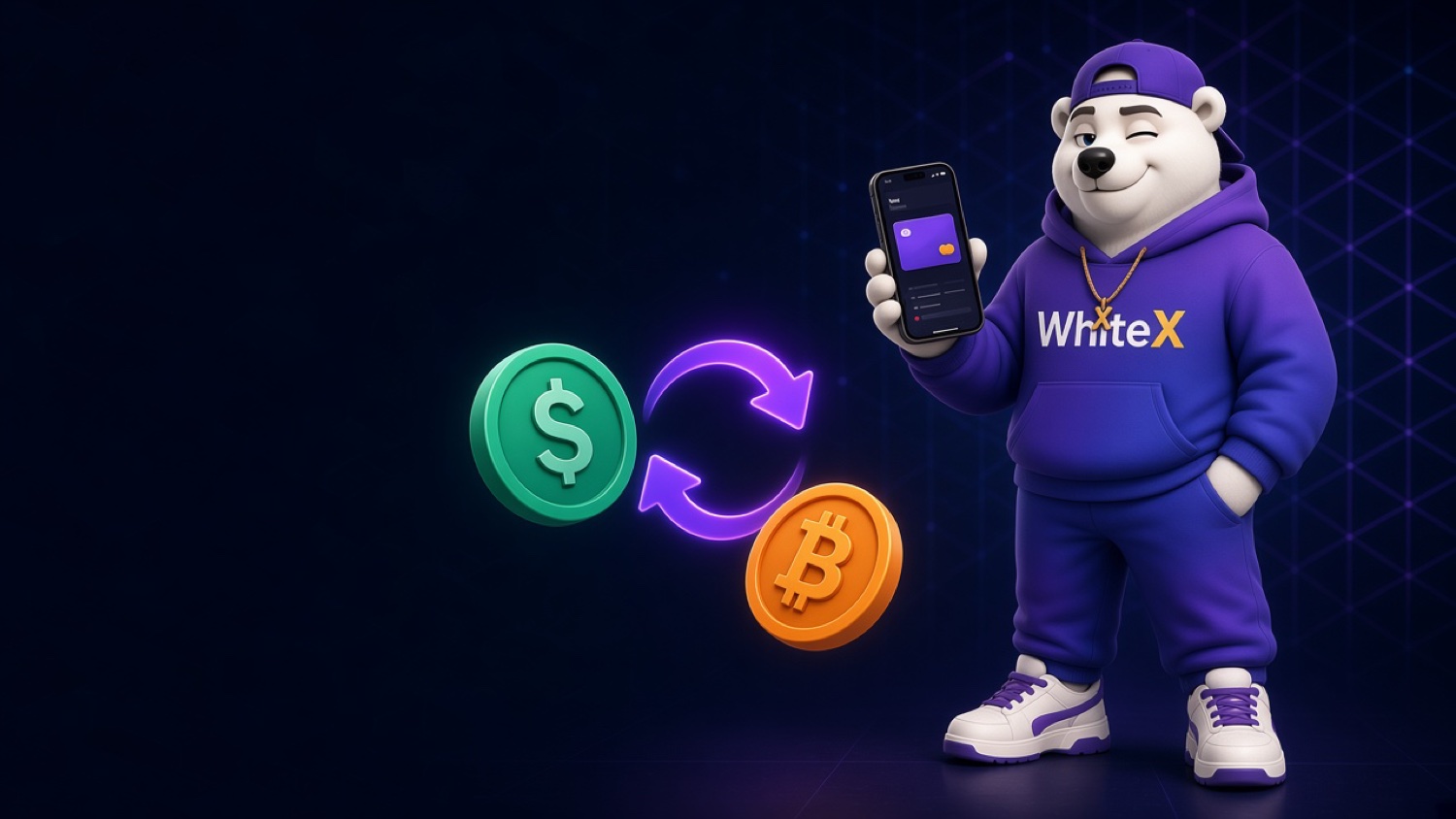 Белый медведь Икс в худи WhiteX со смартфоном, рядом монеты доллара и биткоина