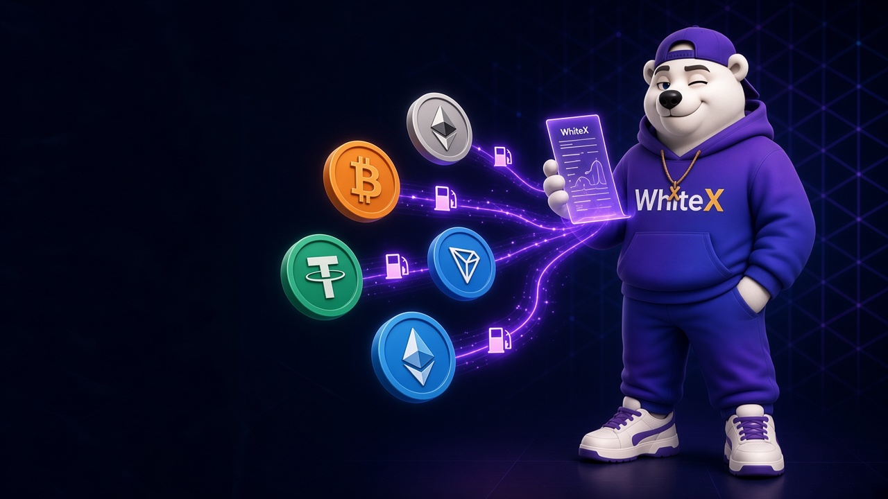 Белый медведь Икс в фиолетовом худи WhiteX смотрит на чек с комиссиями, к которому тянутся монеты BTC, ETH, USDT, TRX и TON