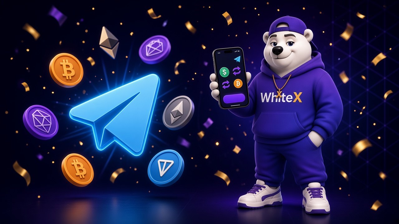 Белый медведь Икс в фиолетовом худи WhiteX держит смартфон с мини-приложением обменника, рядом светится иконка Telegram и криптомонеты