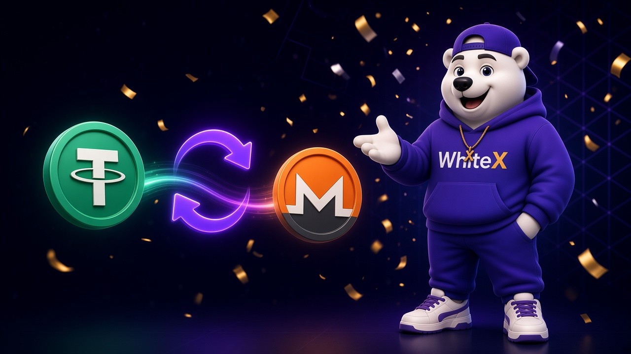 Белый медведь Икс в фиолетовом худи WhiteX обменивает зелёную монету USDT на оранжевую монету Monero (XMR)