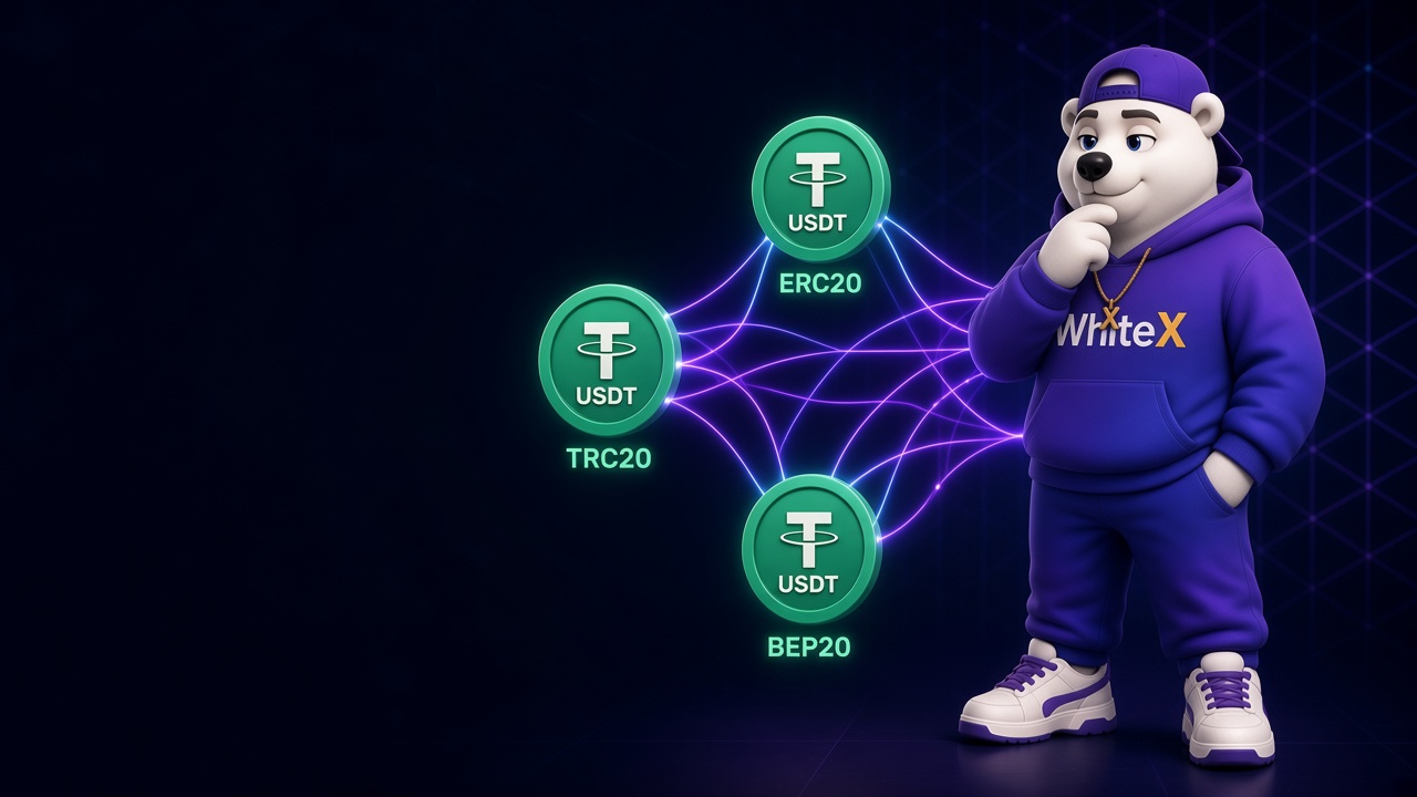 Белый медведь Икс в фиолетовом худи WhiteX задумчиво выбирает между тремя монетами USDT в сетях TRC20, ERC20 и BEP20