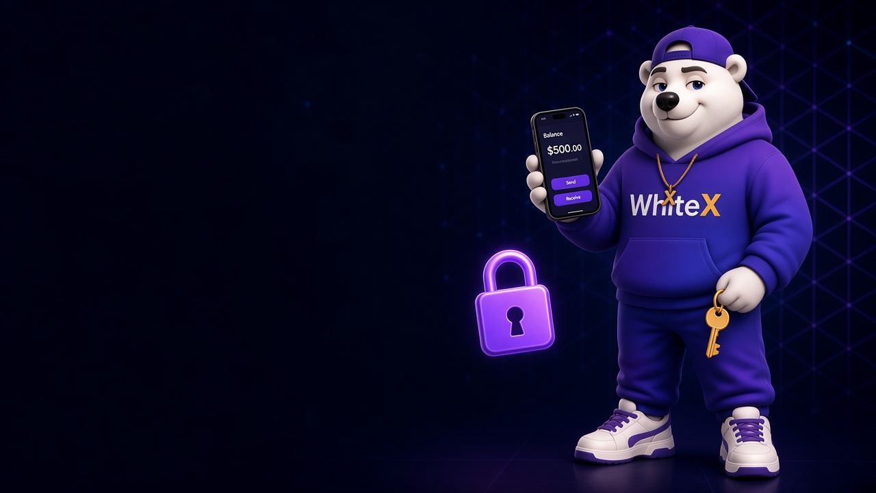 Белый медведь Икс в фиолетовом худи WhiteX показывает приложение криптокошелька на смартфоне и держит ключ, рядом замок